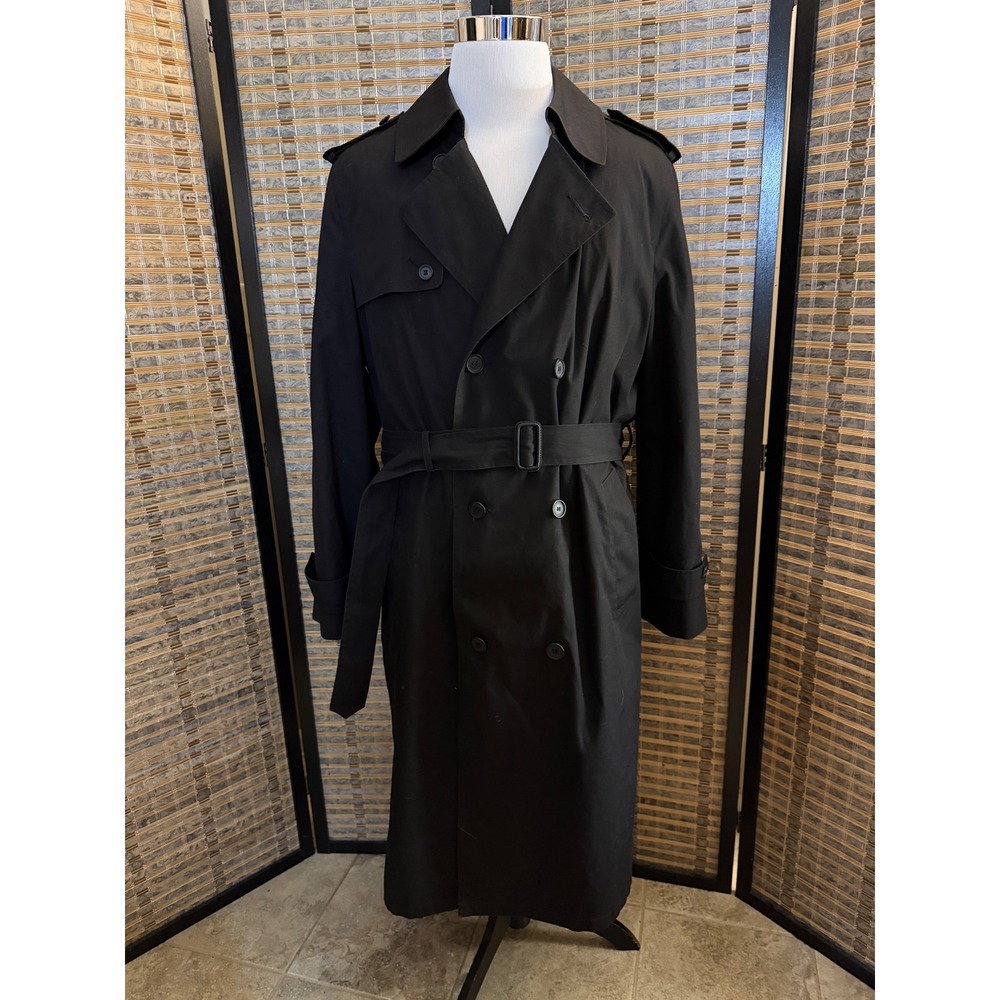 Botany 500 Trench Coat Mens XL Black Double Breasted Belted Overcoat Made in USA